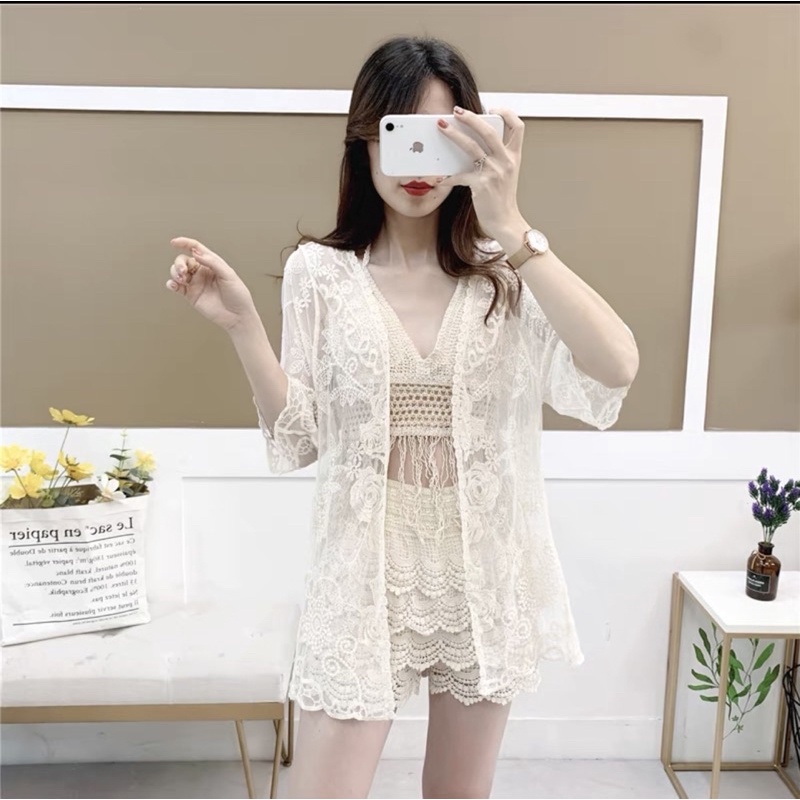 Set biển mới - set 3 món - áo bra tua rua dài + quần ren tầng + choàng ren hoa hồng (có tách rời)