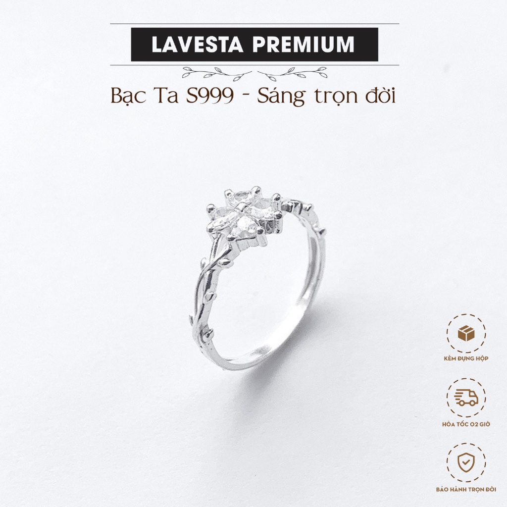 Nhẫn nữ bạc ta S999 nguyên chất đính đá pha lê hình cỏ 4 lá SUN563 Llavesta premium