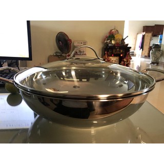 Dòng FIVESTAR - Chảo xào Inox 430 Fivestar - inox 3 đáy 28cm - Nắp kínhc- dùng được bếp từ