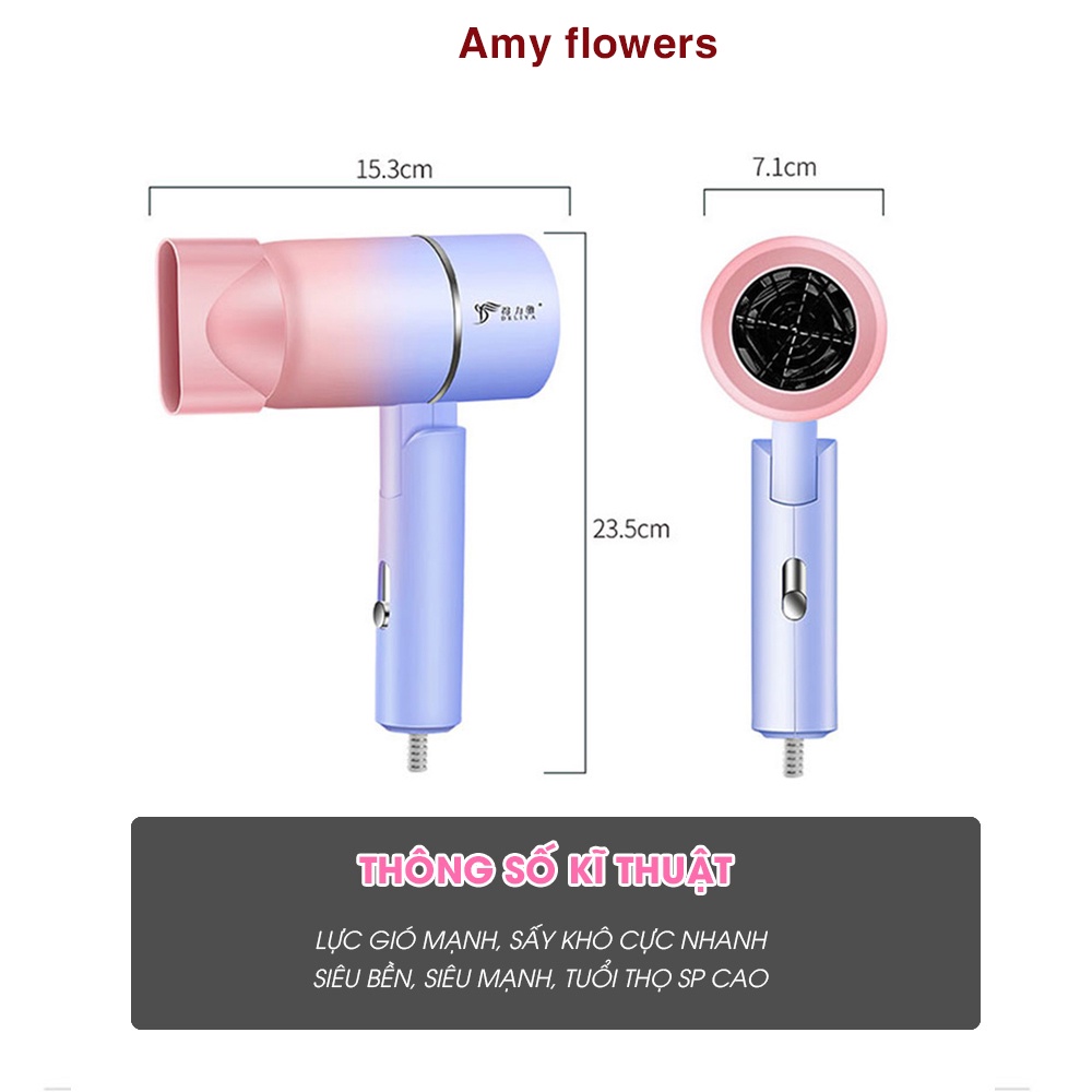 Máy sấy tóc mini AMY FLOWERS gấp gọn tạo kiểu tóc chuyên nghiệp công suất lớn 1000w bảo hành 12 tháng