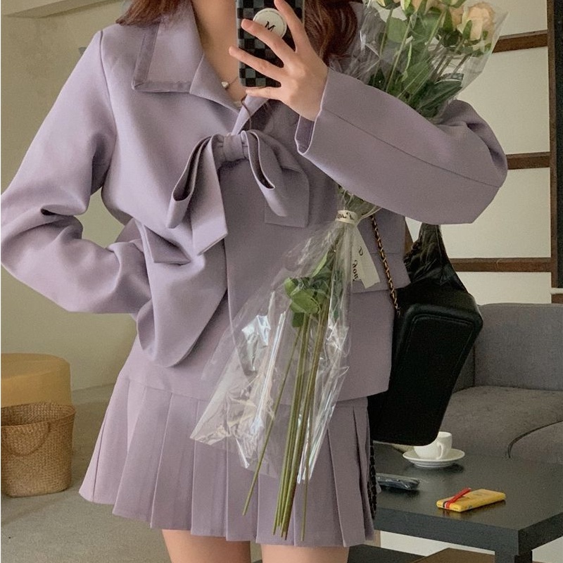 Chân váy xếp ly Perty / Áo khoác Perty thắt nơ phong cách Hàn Quốc dành cho nữ