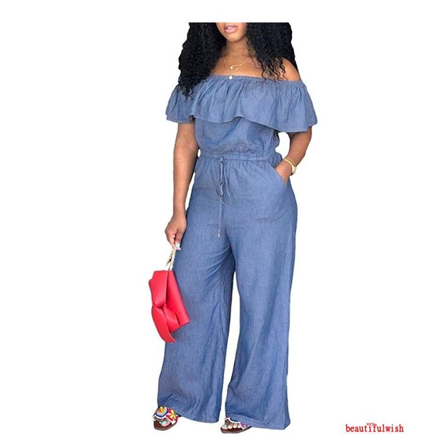 ✡Yl♀Jumpsuit Denim Trễ Vai Thiết Kế Dây Rút Eo Cao Thời Trang Xinh Xắn Cho Nữ | BigBuy360 - bigbuy360.vn