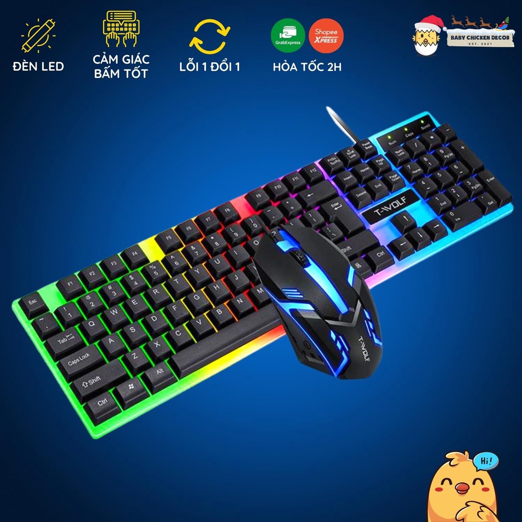 Bàn phím giả cơ kèm chuột gaming T-WOLF 230, bàn phím máy tính kháng nước có đèn led 7 màu