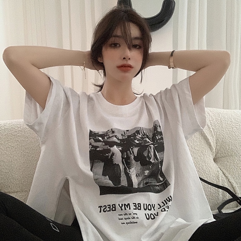 Áo thun SUXI tay ngắn dáng rộng in họa tiết phong cách retro thời trang mùa hè năng động cho nữ