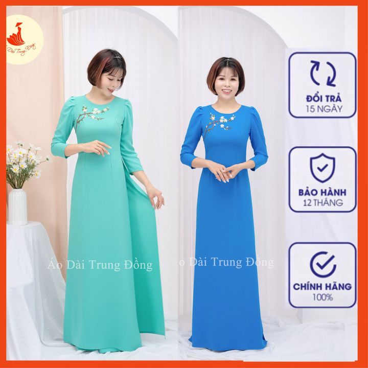 Áo dài đẹp chất liệu lụa hồng ngọc kết hoa nổi cực đẹp màu xanh tay lỡ | Áo dài Trung Đồng