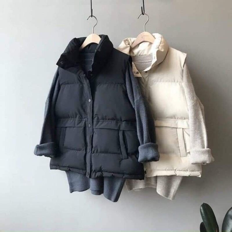 Áo gile phao ấm áp màu đen be cúc cài cổ bẻhàng quảng châu Phao nhẹ .Phao ulazzang . đen Be sữa