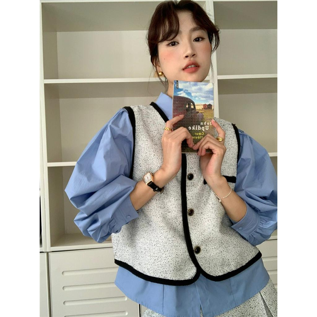 Áo Sơ Mi Nữ Dài Tay Màu Trắng / Xanh Dương Kiểu Pháp 61611