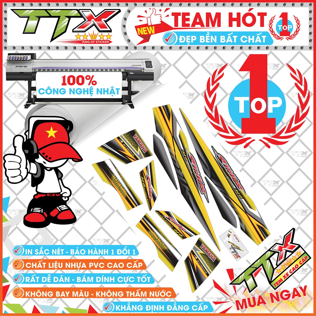 Tem chế sirius 110 , Team rời sirius dán xe màu vàng nền đen tuyệt đẹp , Shop TTX Tem sirius mã