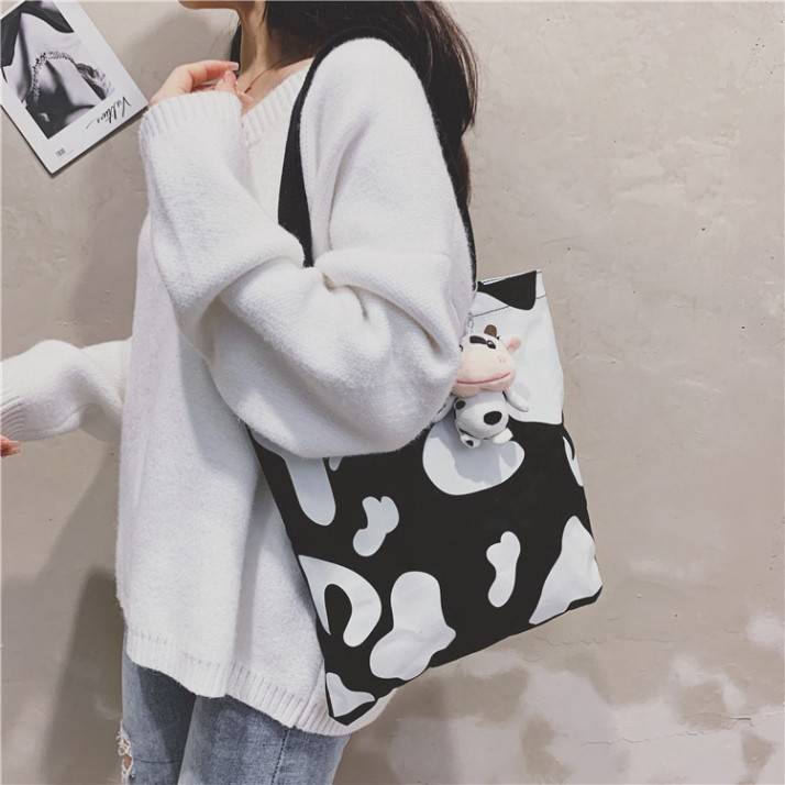 Túi Tote Đeo Vai Vải Canvas Họa Tiết Bò Sữa Dễ Thương Kiểu Nhật Bản Hot