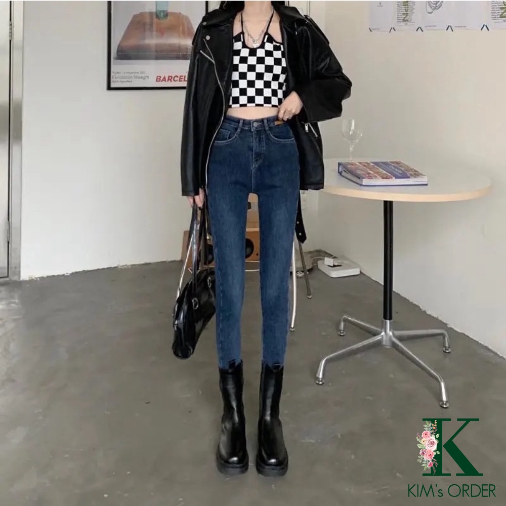 Quần jean nữ màu xanh đen skinny ống côn dài cạp lưng cao tôn dáng chất co dãn loại 1 style Hàn Quốc cá tính sành điệu