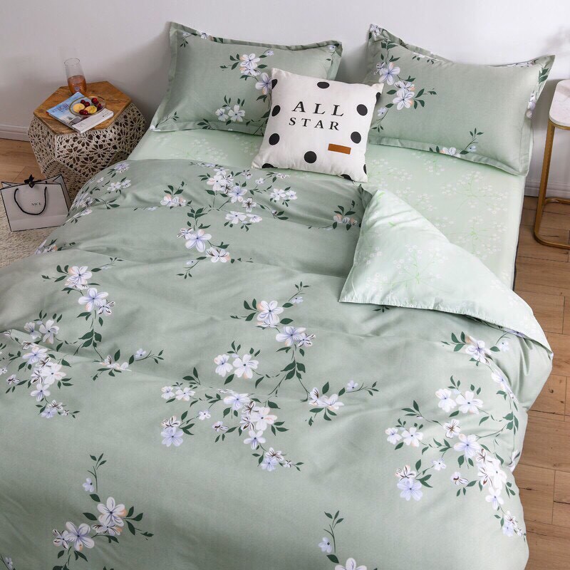 Bộ chăn ga gối Cotton poly M2T Bedding Hoa mai trắng, vỏ chăn mền, drap nệm và 2 vỏ gối