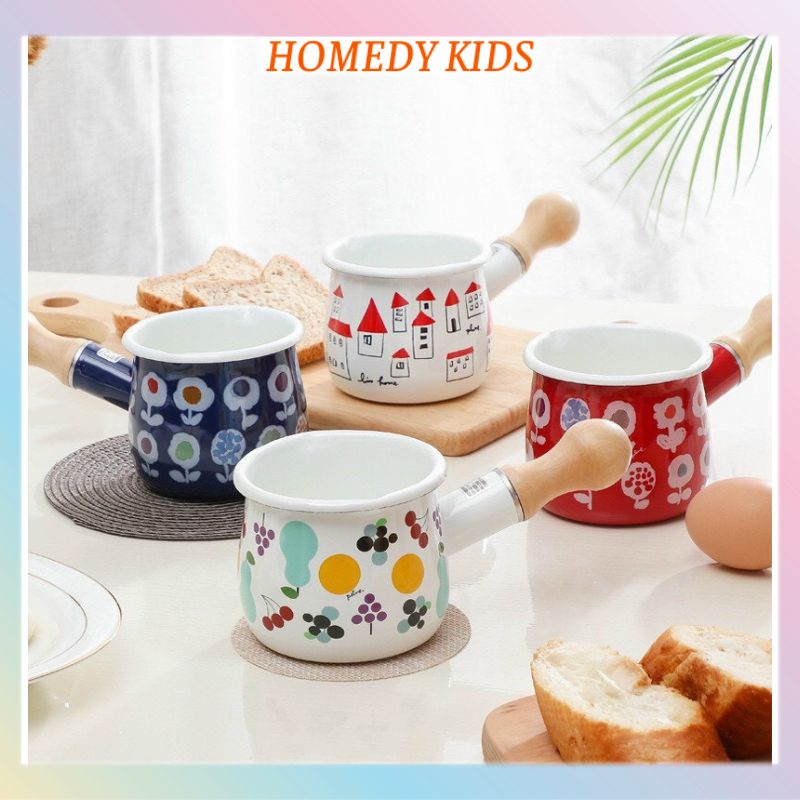 Nồi nấu bột cho bé xoong quánh bột nấu cháo thức ăn dặm men sứ an toàn có tay cầm gỗ chống nóng 600ml AD04 Homedy kids