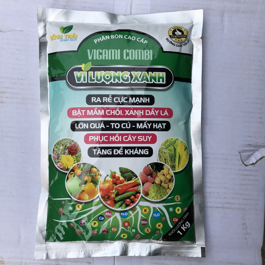 Phân bón Vi lượng xanh Vigacombi túi 1kg bổ sung vi lượng, tốt cây, xanh lá, ra hoa, đậu quả, tăng năng suất longf1