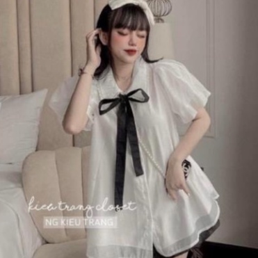 Áo sơ mi trắng nữ LOZADO áo sơ mi ngắn tay dáng xòe babydoll thiết kế cổ ren phối nơ xinh xắn nhẹ nhàng A627