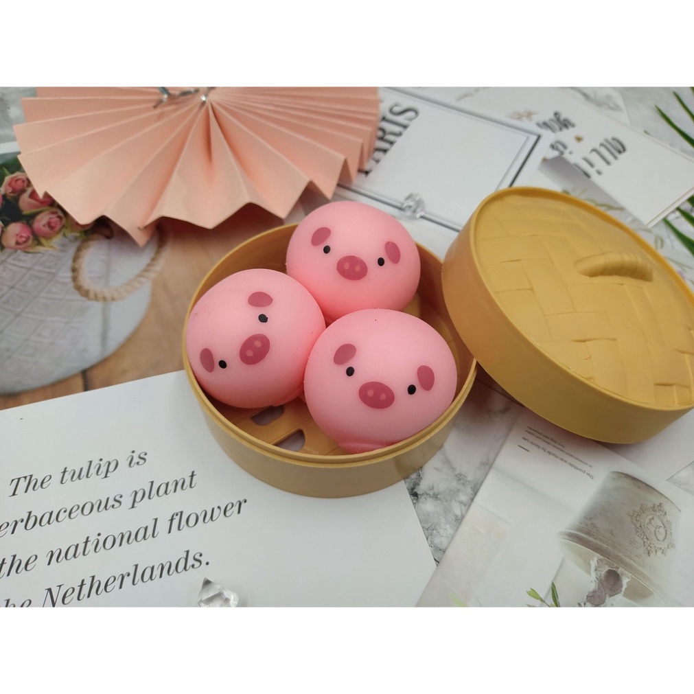 3 chiếc bánh bao màn thầu squyshi bánh chưng mềm mại hộp heo trắng thỏ hồng xinh xắn đáng yêu