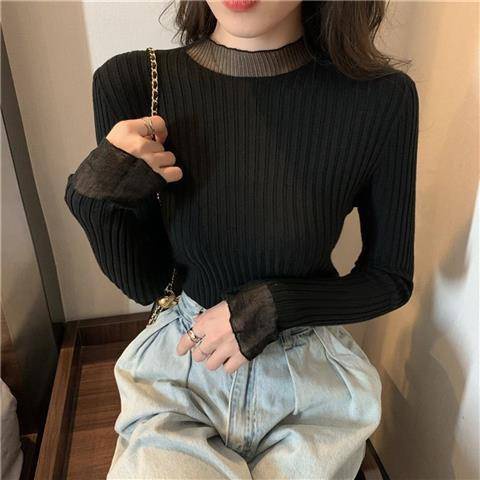 Áo sweater cổ lọ tay loe phối lưới thời trang thu đông sành điệu cho nữ