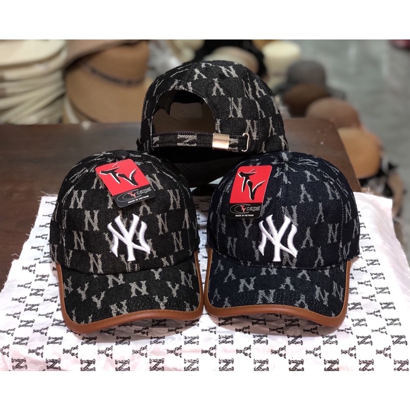Mũ lưỡi trai vải jean dệt N Y viền da đẹp sắc nét thêu logo