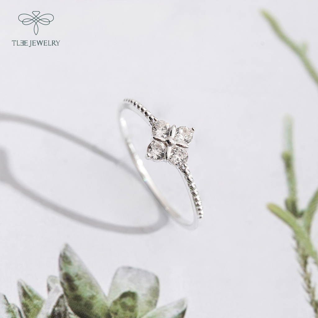 Nhẫn bạc nữ TLEE bốn lá hình thoi viền đính đá nữ tính NCJ A0195