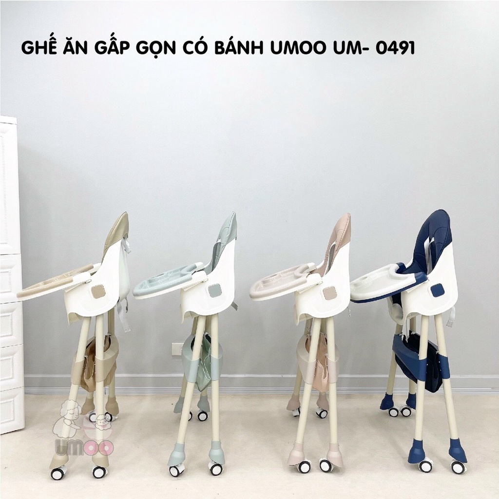 Ghế ăn dặm Umoo gấp gọn mã mới nhất 2021, có bánh xe