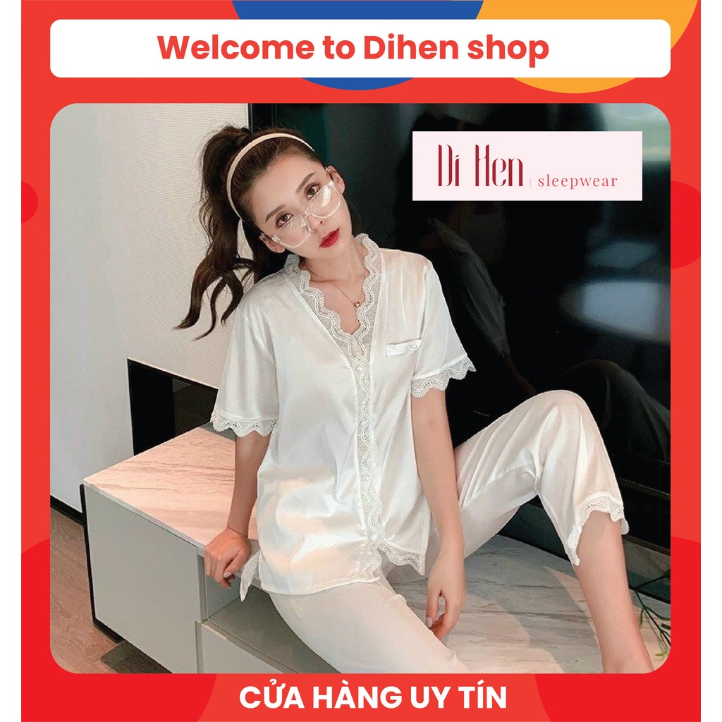 Đồ ngủ nữ dài Ren trơn - Quần áo mặc nhà- Lụa Satin cao cấp Pháp- Mềm mịn, thoáng mát, sang trọng- Dihen11179