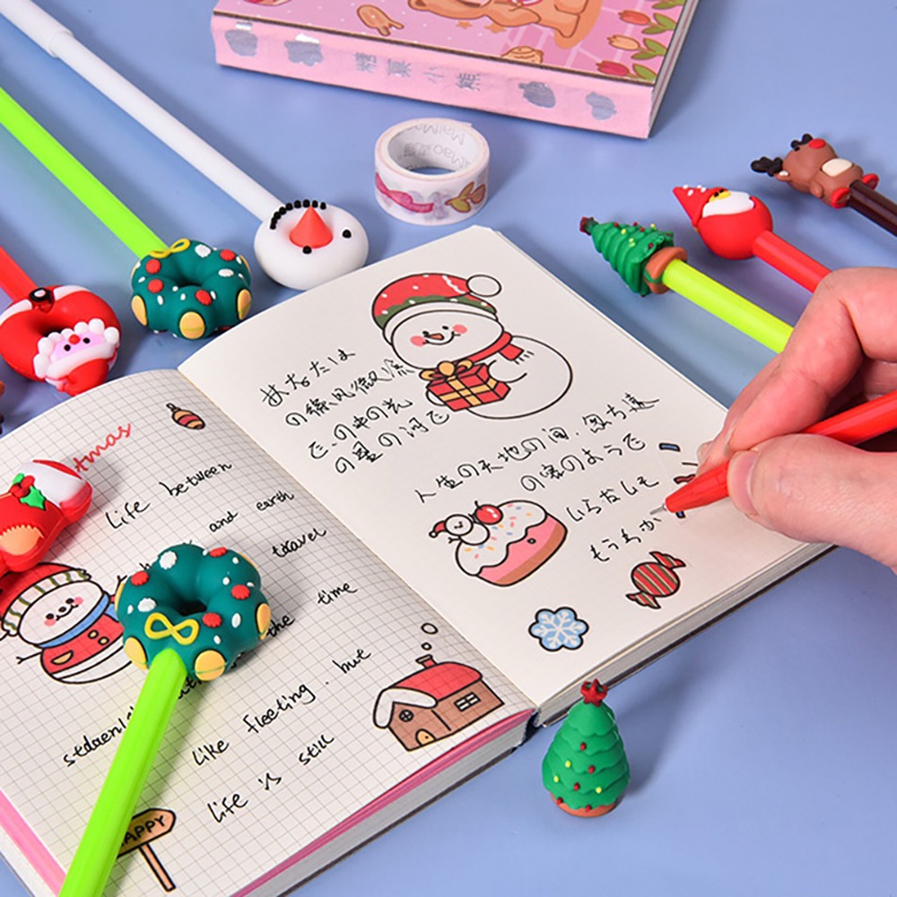 Bộ 10 bút bi mực gel màu đen phong cách giáng sinh hoạt hình dễ thương thích hợp làm quà tặng