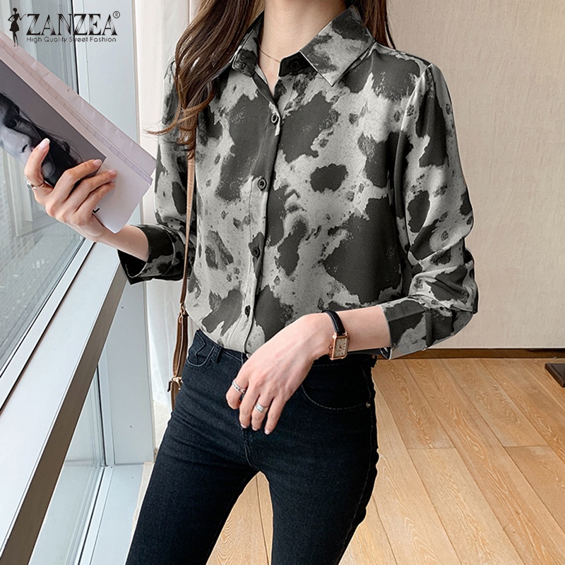 Áo sơ mi ZANZEA tay dài cổ bẻ dáng rộng họa tiết màu tương phản phong cách hàn quốc thời trang thường ngày cho nữ