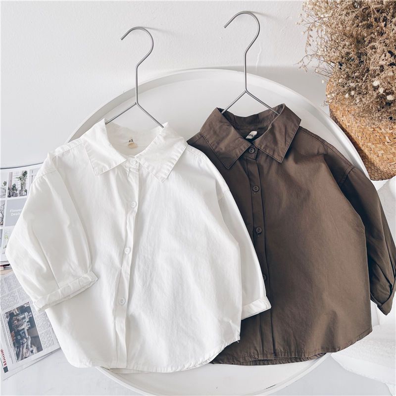 Áo Sơ Mi Cotton Màu Trơn Phong Cách Hàn Quốc Thời Trang Xuân Hè 2021 Mới Cho Bé Trai