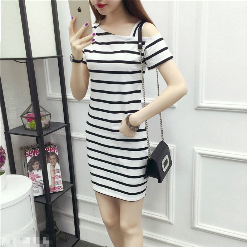 Đầm Thun Dài Tay Ngắn Hở Vai Họa Tiết Sọc Thời Trang Dành Cho Nữ