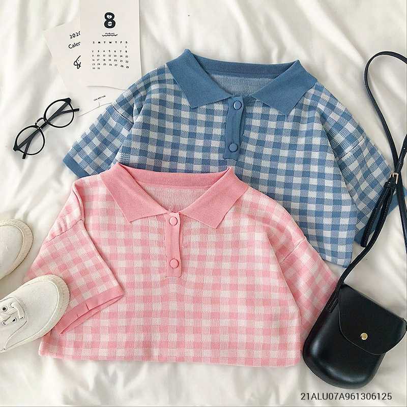 Áo len nữ tay ngắn cổ bẻ caro ulzzang thời trang nữ Fmstyle Saigon 21ALU07A961306 | BigBuy360 - bigbuy360.vn