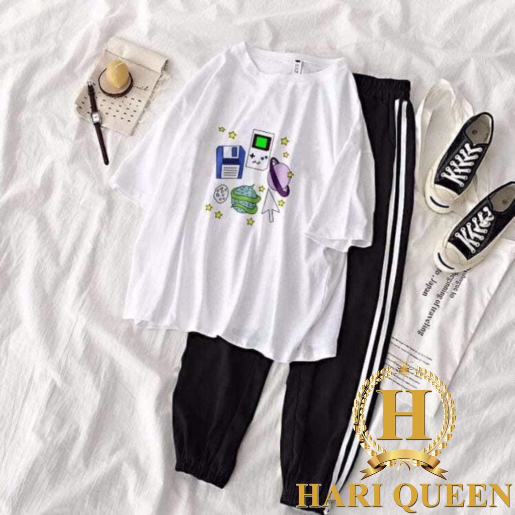 Sét áo máy game mũi tên + quần 2 sọc chun gấu đen HARIQUEEN