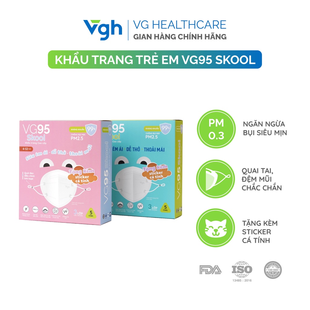 Khẩu trang trẻ em VG95 Skool kháng khuẩn, êm ái, dễ thở, dễ thương, thoải mái - Chính hãng VG Healthcare - Hộp 5 chiếc