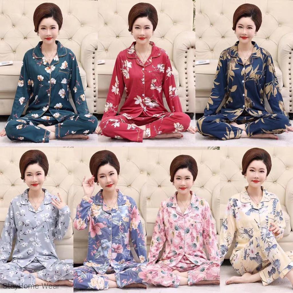 Bộ đồ ngủ Plus Size tay dài in hoa cho phụ nữ trung niên