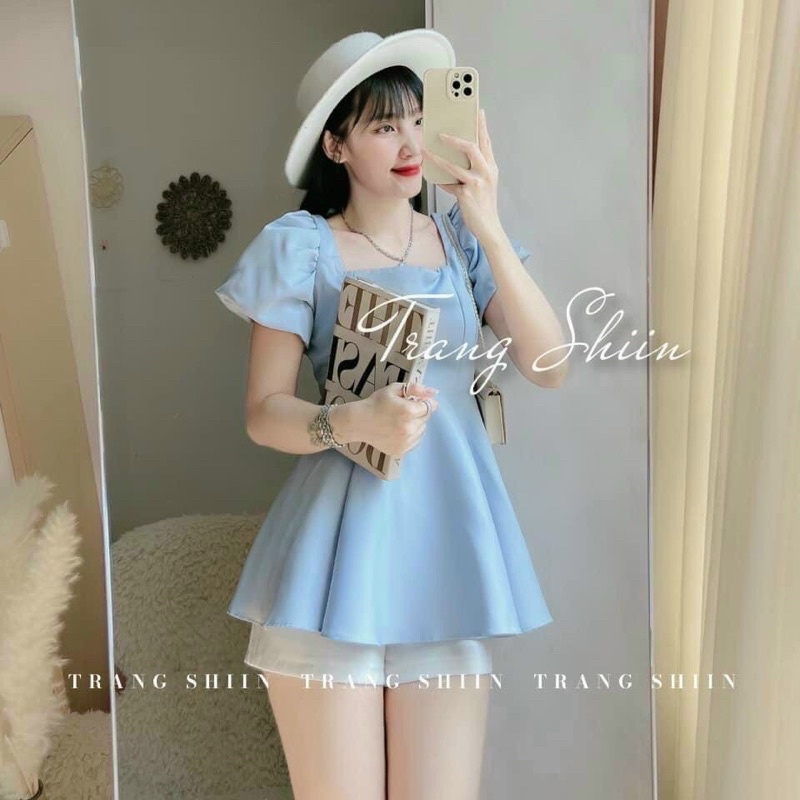 Set áo babydoll xanh dương tay phồng thắt dây nơ hở lưng + quần short trắng