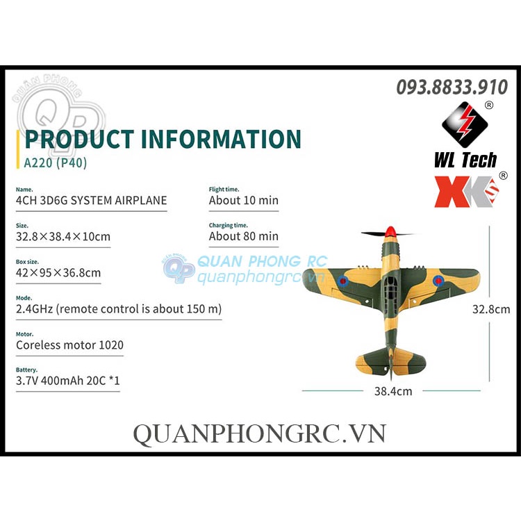 Máy Bay WLtoys XK A220 P40 3D6G RC Airplane RTF Support FUTABA DSM S-Bus Rx