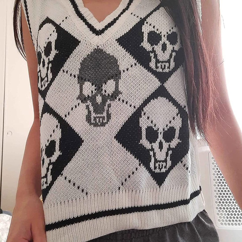 Áo Len Không Tay Cổ Chữ V Họa Tiết Đầu Lâu Đính Kim Cương Giả Phong Cách Gothic Punk Harajuku Cho Nữ