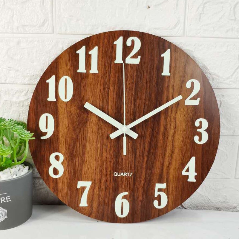 "Đồng Hồ Treo Tường Bằng Gỗ Dạ Quang Hình Tròn Phong Cách Mộc Mạc Không Gây Tiếng Ồn & Pin Dùng Trong Nhà / Văn Phòng
