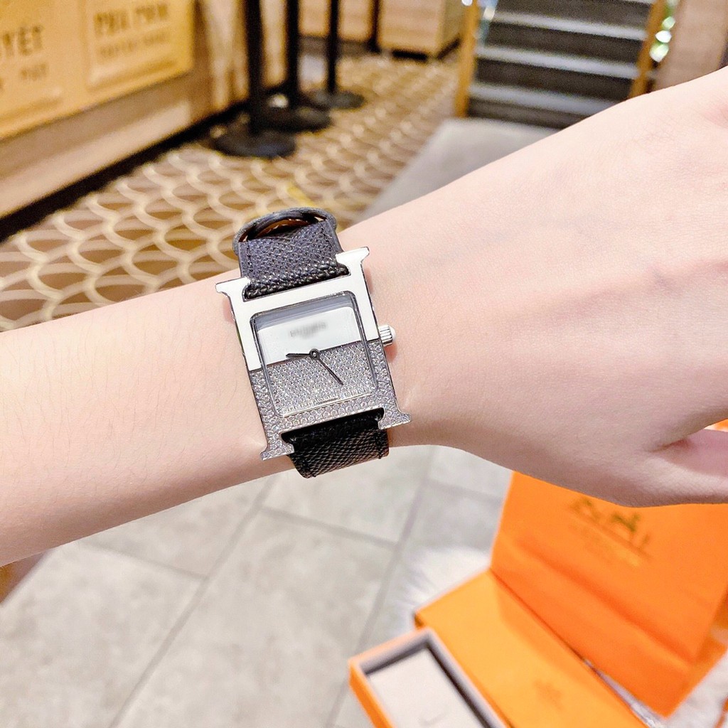 Đồng Hồ Nữ Heure H_Herme Mặt Đính Đá , Máy Pin , Dây Da , Size 26mm