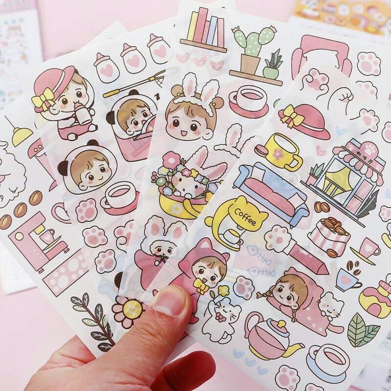 Sét 4 tấm Sticker hình cô gái dễ thương trang trí sổ vở đồ dùng cá nhân