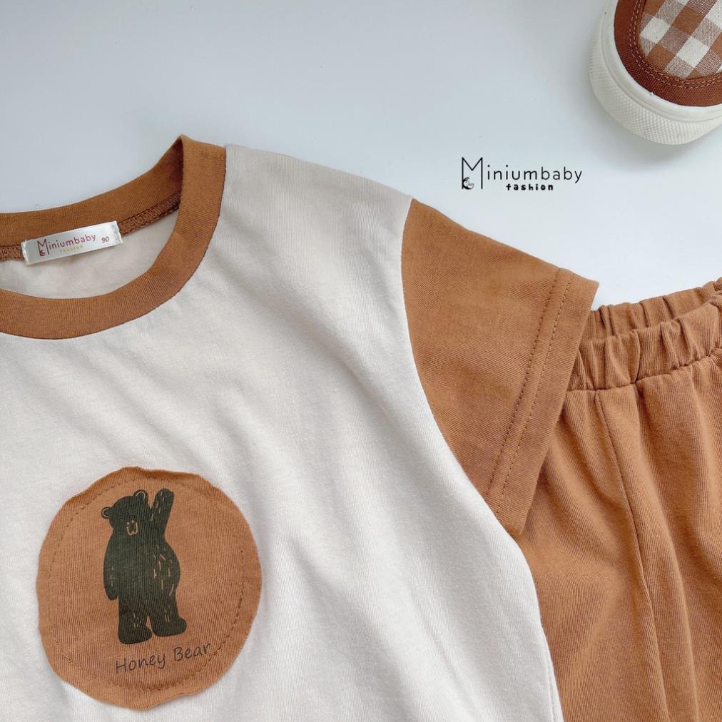 Bộ cộc tay mùa hè unisex cho bé trai và bé gái chất liệu cotton, set đồ in gấu-MiniumBaby-SB1214