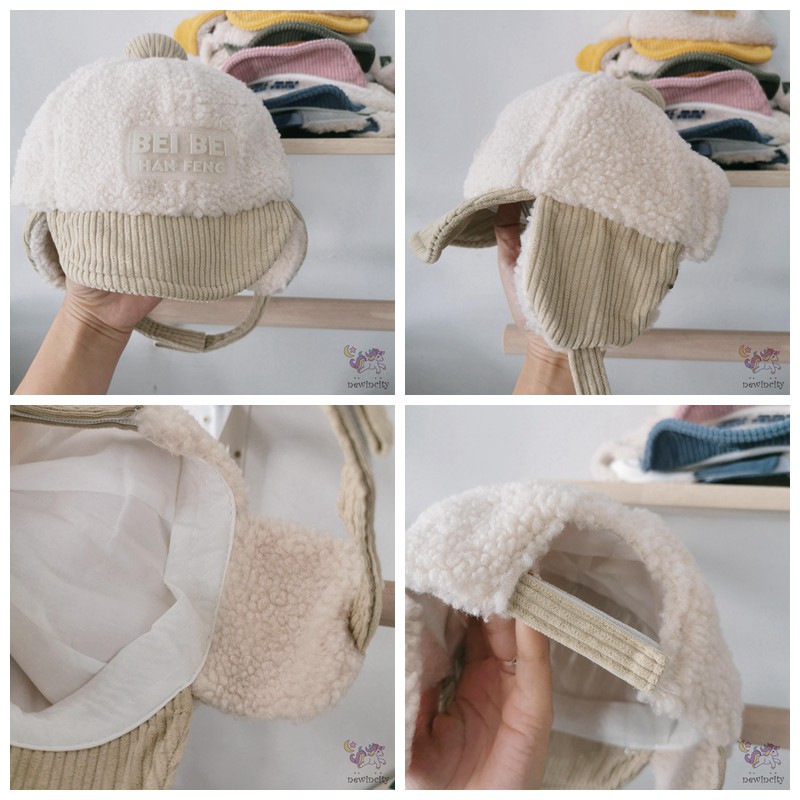 Mũ lông cừu thiết kế có vành tai in chữ phong cách Hàn Quốc thời trang dễ thương cho bé