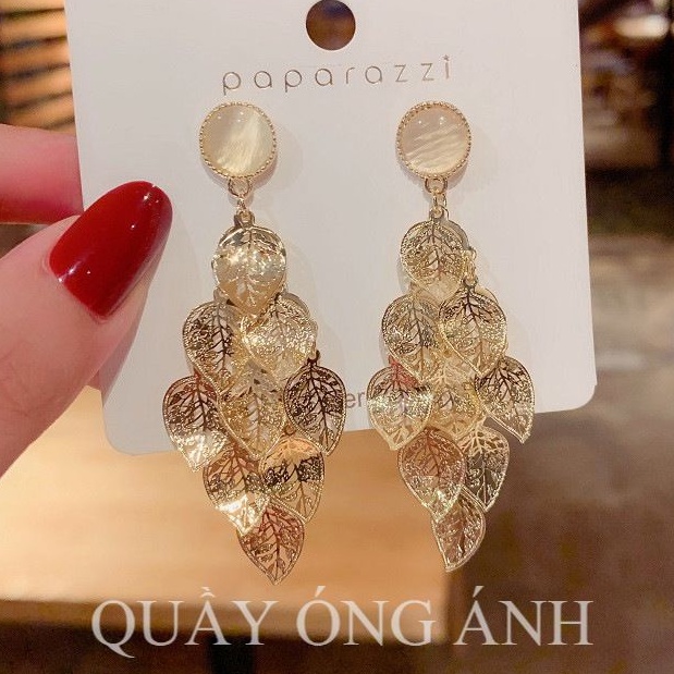 Khuyên, bông tai dáng dài nút đính đá phối chùm lá tua rua cá tính - KT16