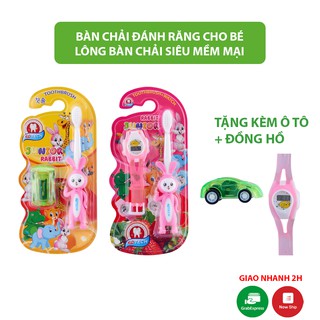 Bộ bàn chải đánh răng trẻ em EQ TECH JUNIOR RABBIT hình con thỏ và đồng hồ xem giờ lông mềm bảo vệ nướu và răng bé yêu