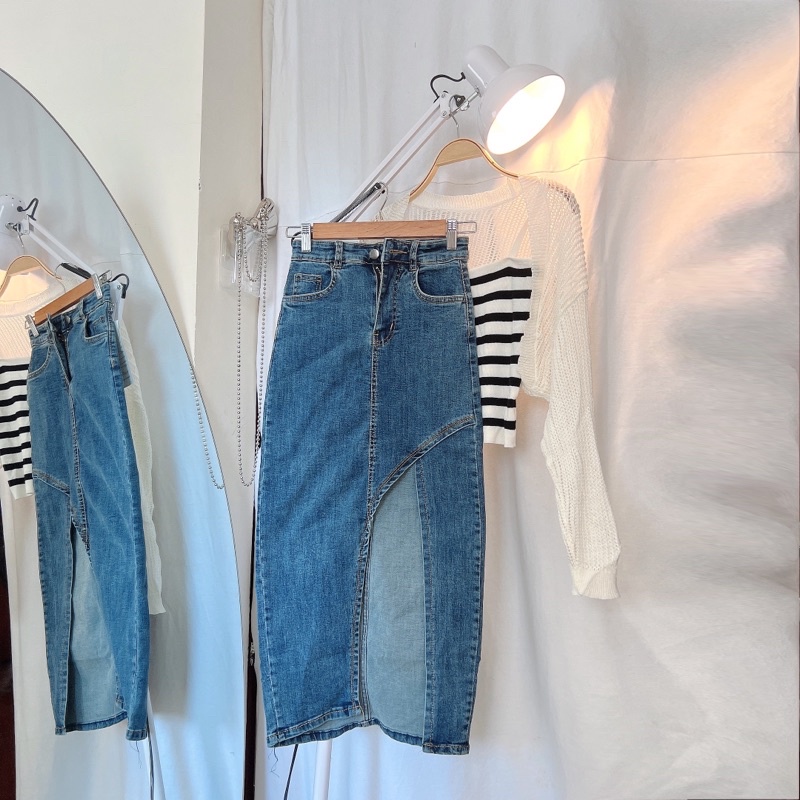 Chân Váy Jean Dài Xẻ Tà Hèo Studio (Ảnh Thật + Video)