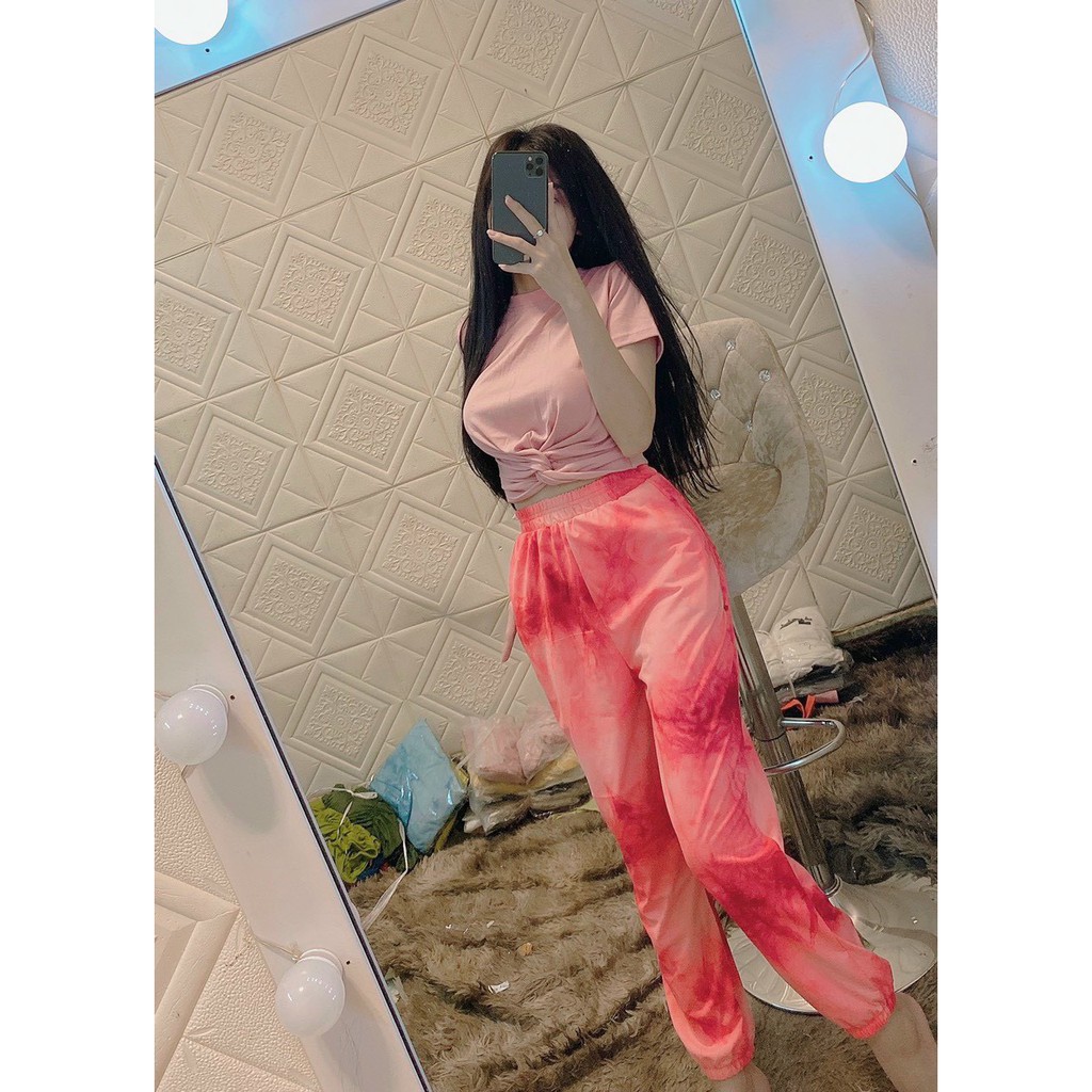 Sét bộ áo croptop xoắn eo trơn phối quần dài bo ống loang hot , chất thun coton tici dày dặn mềm mịn ( ảnh thật )