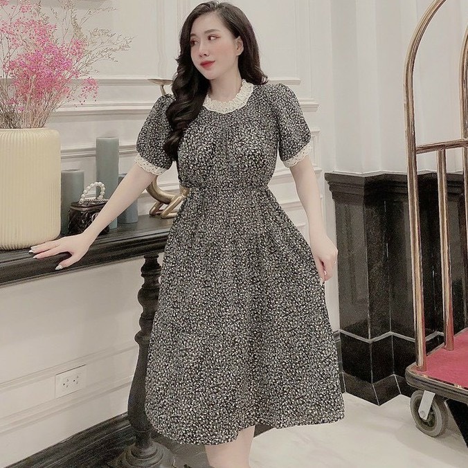 Váy bầu Chicmom hoa nhí cổ ren mùa hè ngắn tay thiết kế xinh xắn Vintage V102