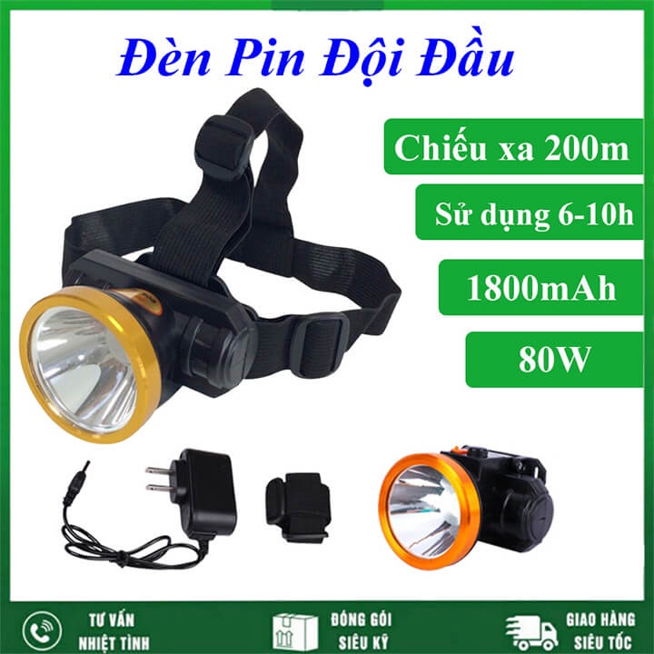 Đèn pin đội đầu 1 bóng siêu sáng chiếu xa 200m công suất 80W, pin trâu 1800mah sử dụng 5-10 tiếng