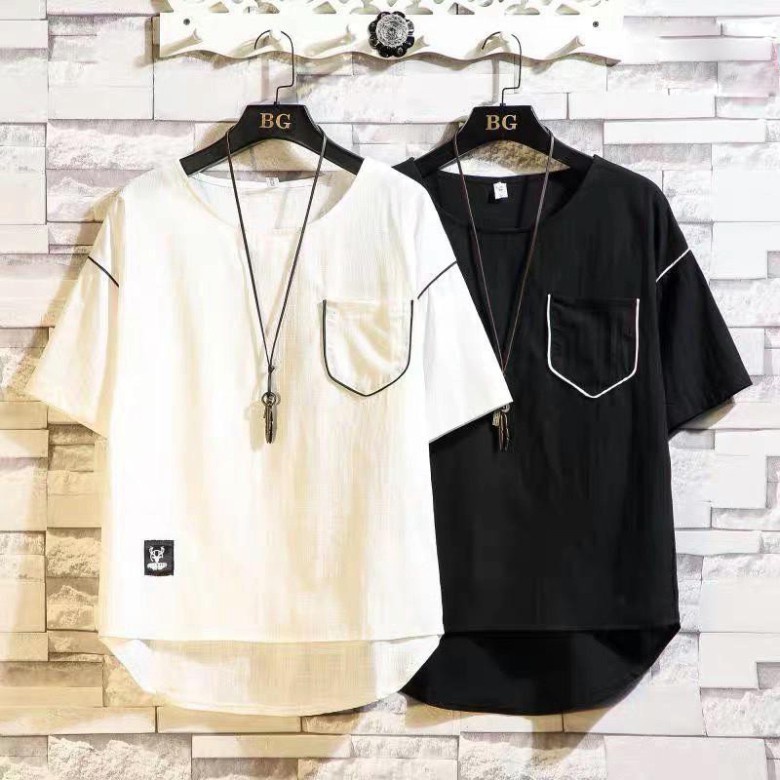 Áo thun cotton đẹp dáng thụng túi mí vạt lệch đen trắng mã MT01