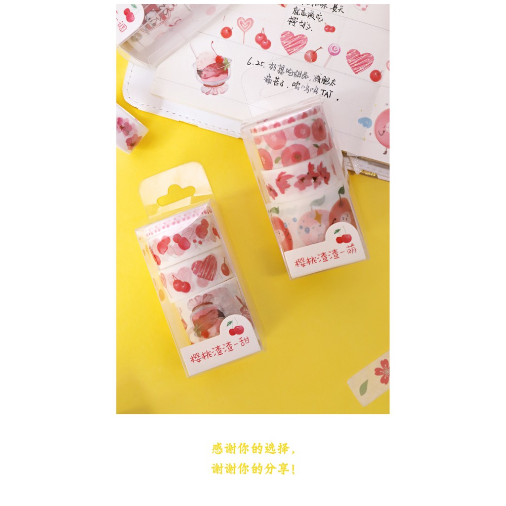 Set 4 cuộn băng dính washi hình cherry đáng yêu trang trí thủ công