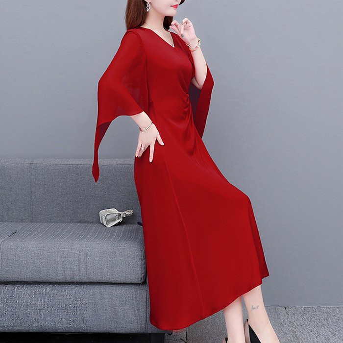 GOTI  Đầm Xòe Dạ Hội Cao Cấp Tay Cánh Tiên Dài Màu Đen Trơn, Đỏ Nhún Eo 3312