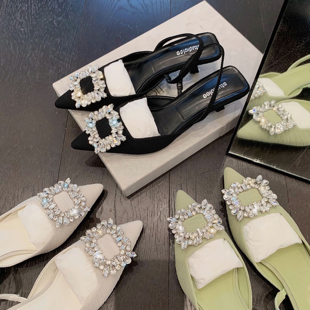 Giày sandal cao gót mũi nhọn trang trí khuy vuông phong cách Pháp cao cấp